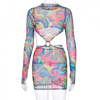 Sexy Backless Printed Sheer Mesh Mini Dresses 2021 Spring Long Sleeve Hollow Out Party Midnight